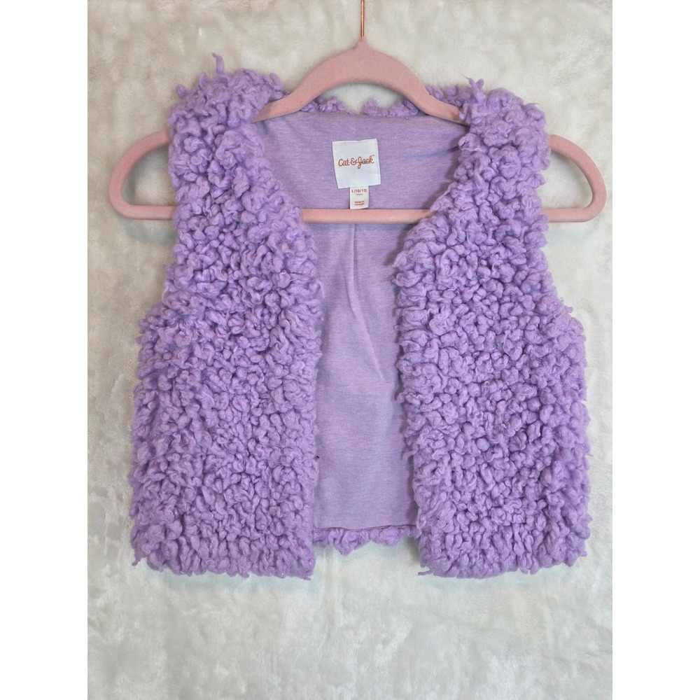 Cat & Jack Girls Purple Faux Fur Sherpa Vest Hook Eye Closure Size L 10/12
